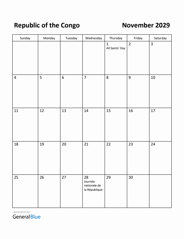 November 2029 Calendar with Republic of the Congo Holidays