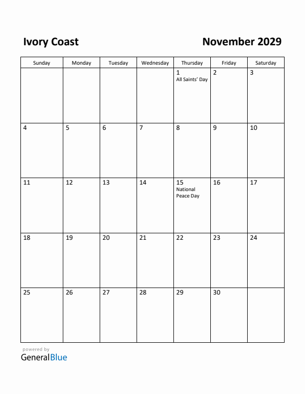November 2029 Calendar with Ivory Coast Holidays