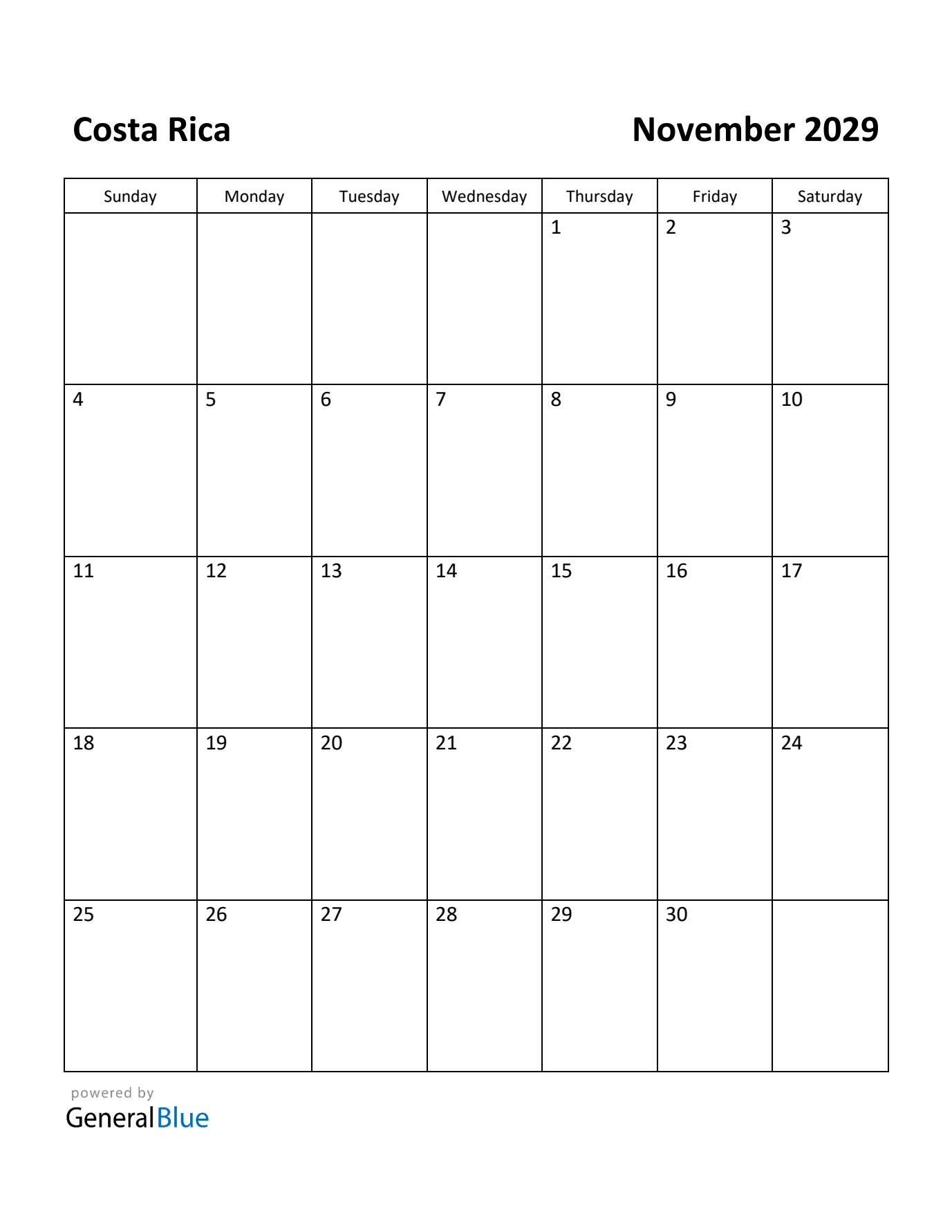 November 2029 Calendar with Costa Rica Holidays