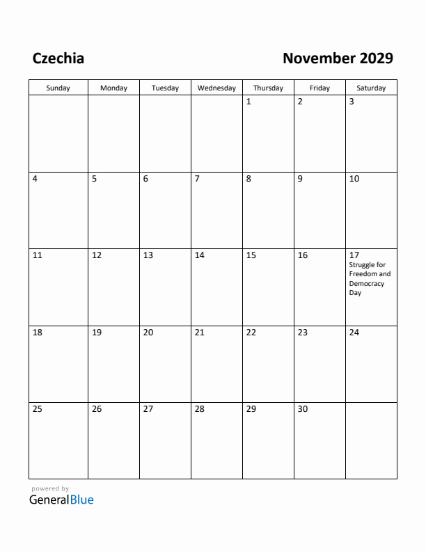 November 2029 Calendar with Czechia Holidays