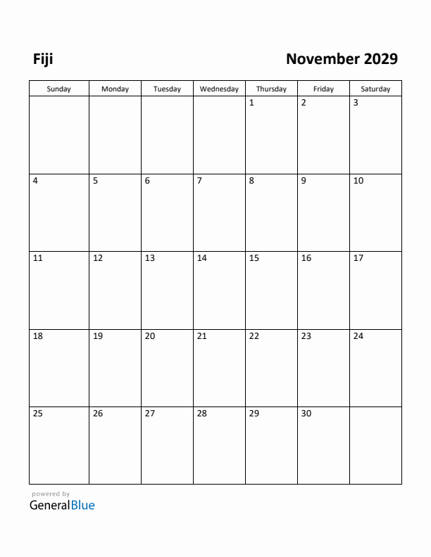 November 2029 Calendar with Fiji Holidays