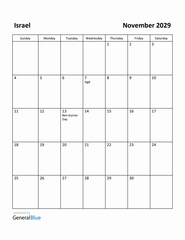November 2029 Calendar with Israel Holidays