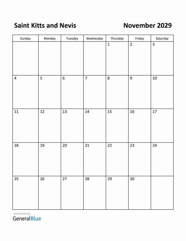November 2029 Calendar with Saint Kitts and Nevis Holidays