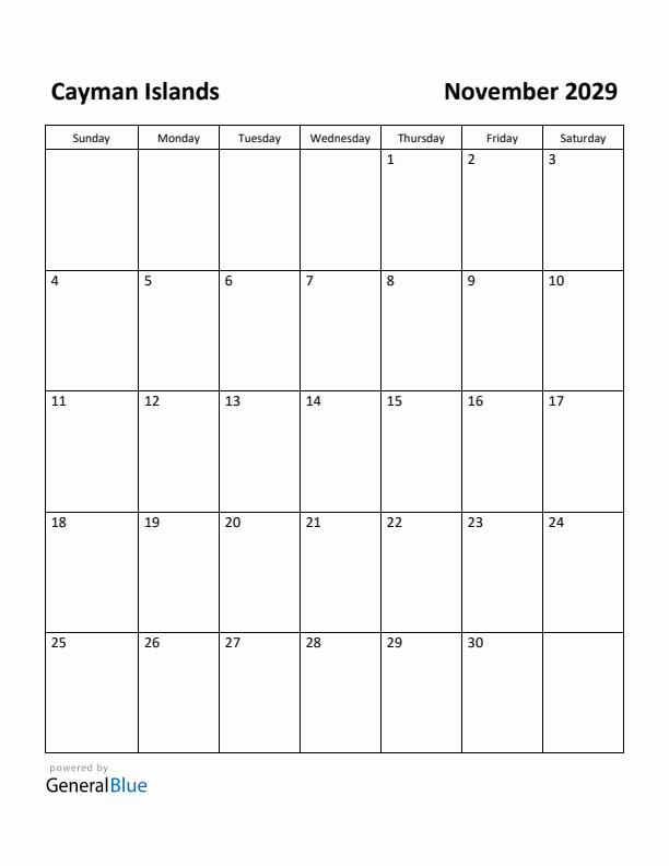 November 2029 Calendar with Cayman Islands Holidays