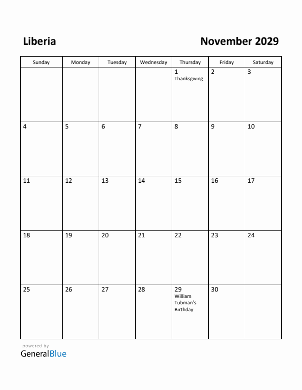 November 2029 Calendar with Liberia Holidays