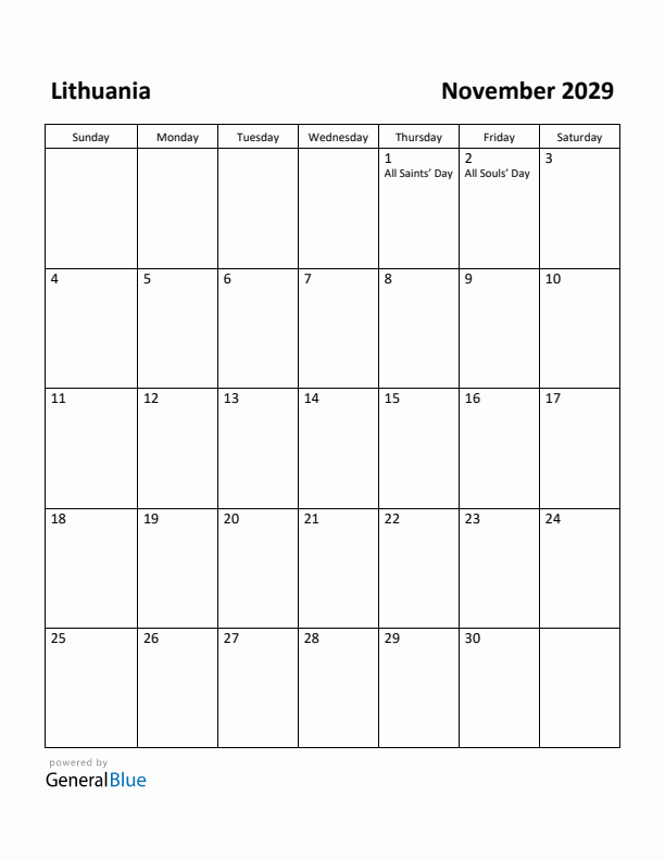 November 2029 Calendar with Lithuania Holidays