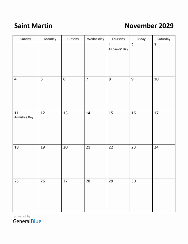November 2029 Calendar with Saint Martin Holidays