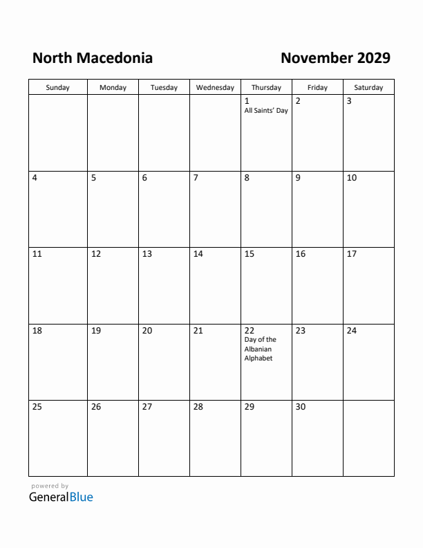 November 2029 Calendar with North Macedonia Holidays