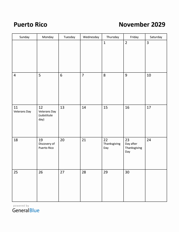 November 2029 Calendar with Puerto Rico Holidays