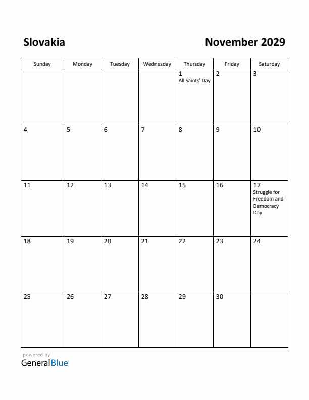 November 2029 Calendar with Slovakia Holidays