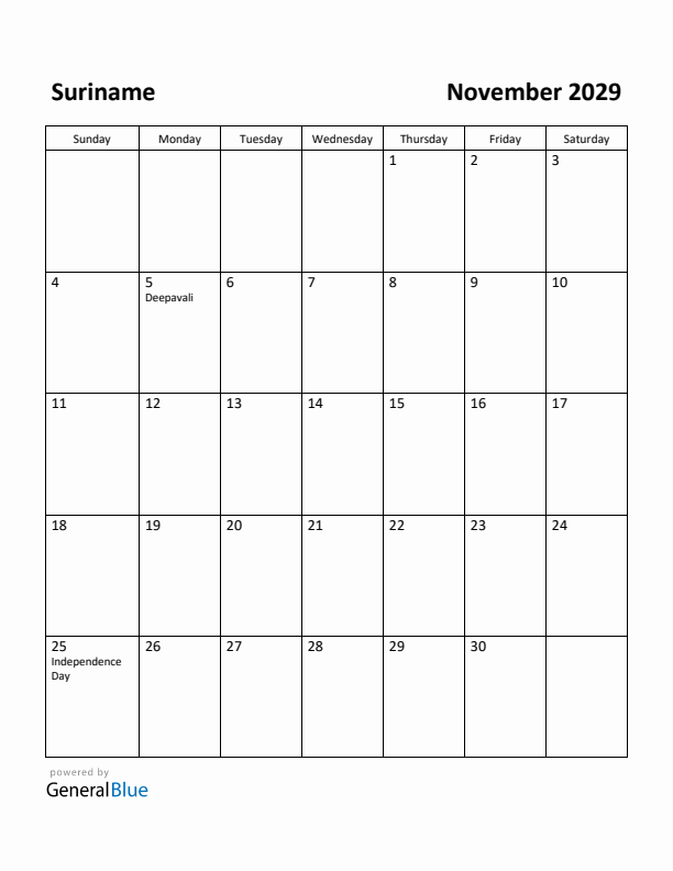 November 2029 Calendar with Suriname Holidays
