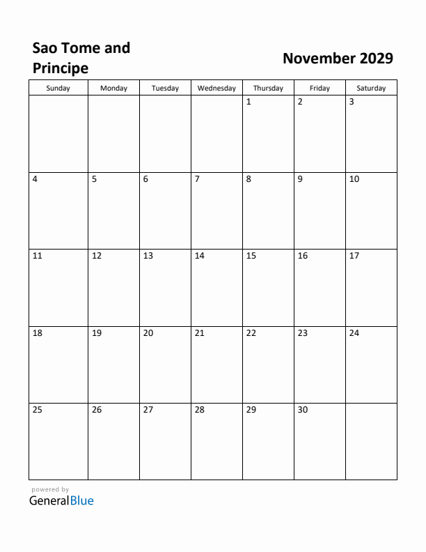 November 2029 Calendar with Sao Tome and Principe Holidays