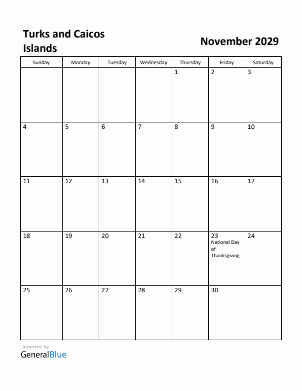 November 2029 Calendar with Turks and Caicos Islands Holidays