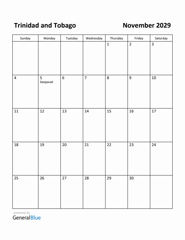November 2029 Calendar with Trinidad and Tobago Holidays