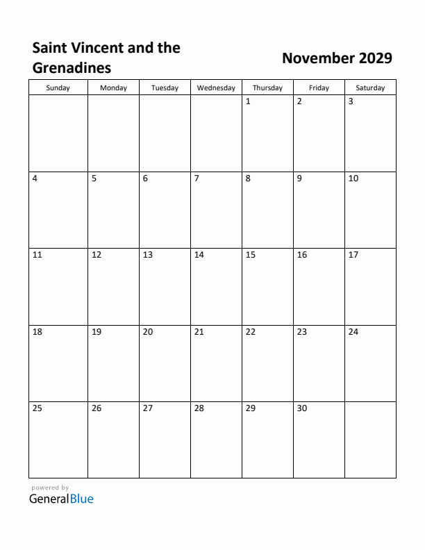 November 2029 Calendar with Saint Vincent and the Grenadines Holidays