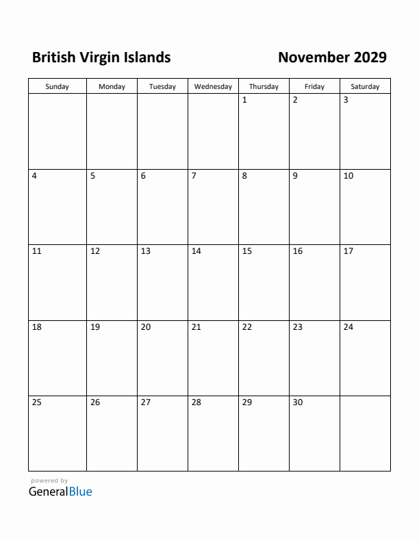 November 2029 Calendar with British Virgin Islands Holidays