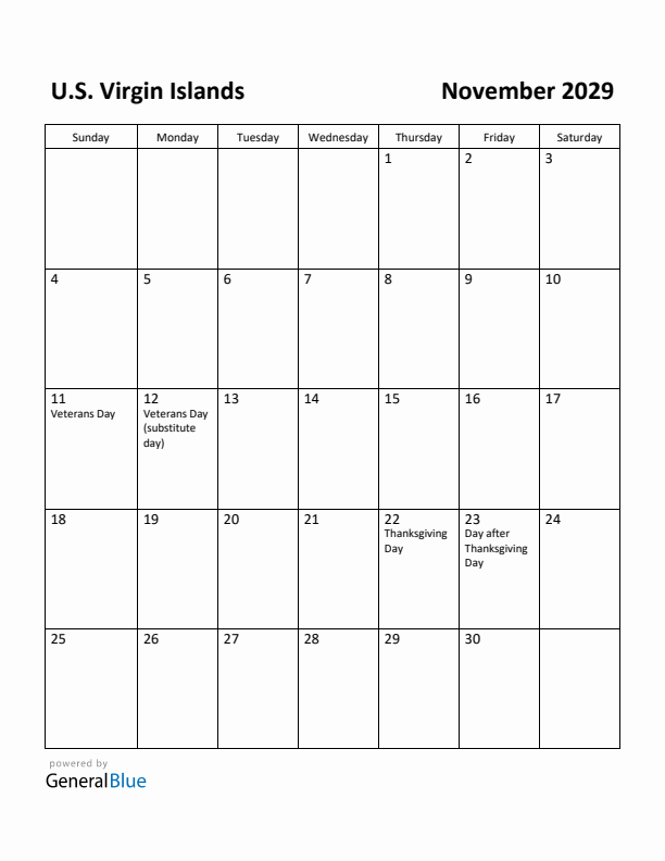 November 2029 Calendar with U.S. Virgin Islands Holidays