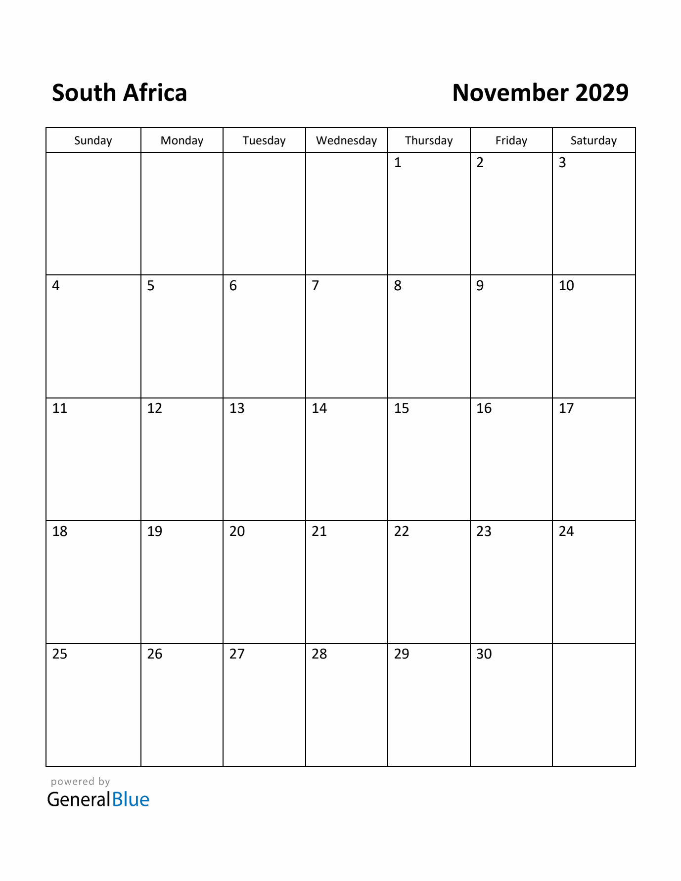 November 2029 Calendar with South Africa Holidays
