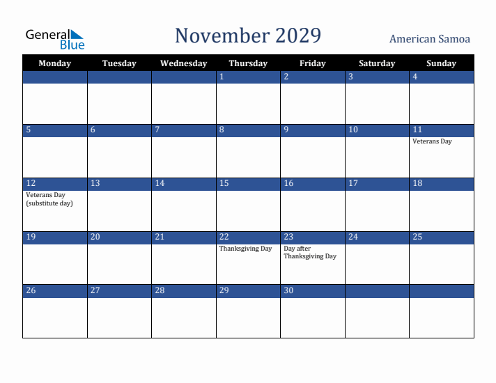 November 2029 American Samoa Calendar (Monday Start)