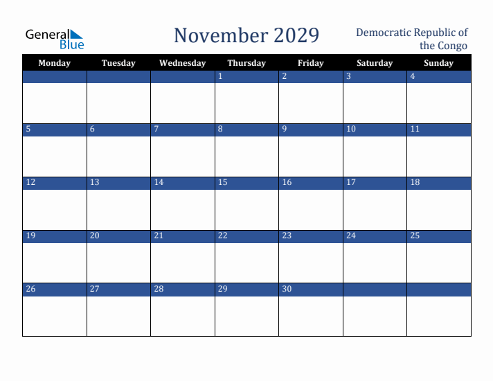 November 2029 Democratic Republic of the Congo Calendar (Monday Start)