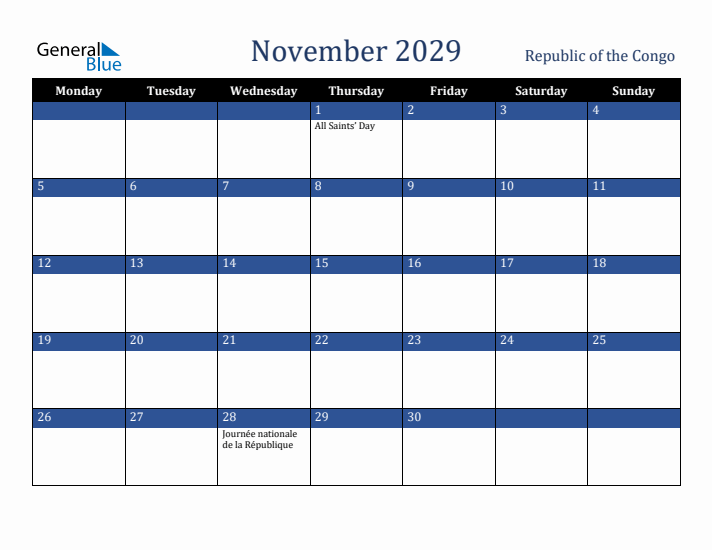 November 2029 Republic of the Congo Calendar (Monday Start)