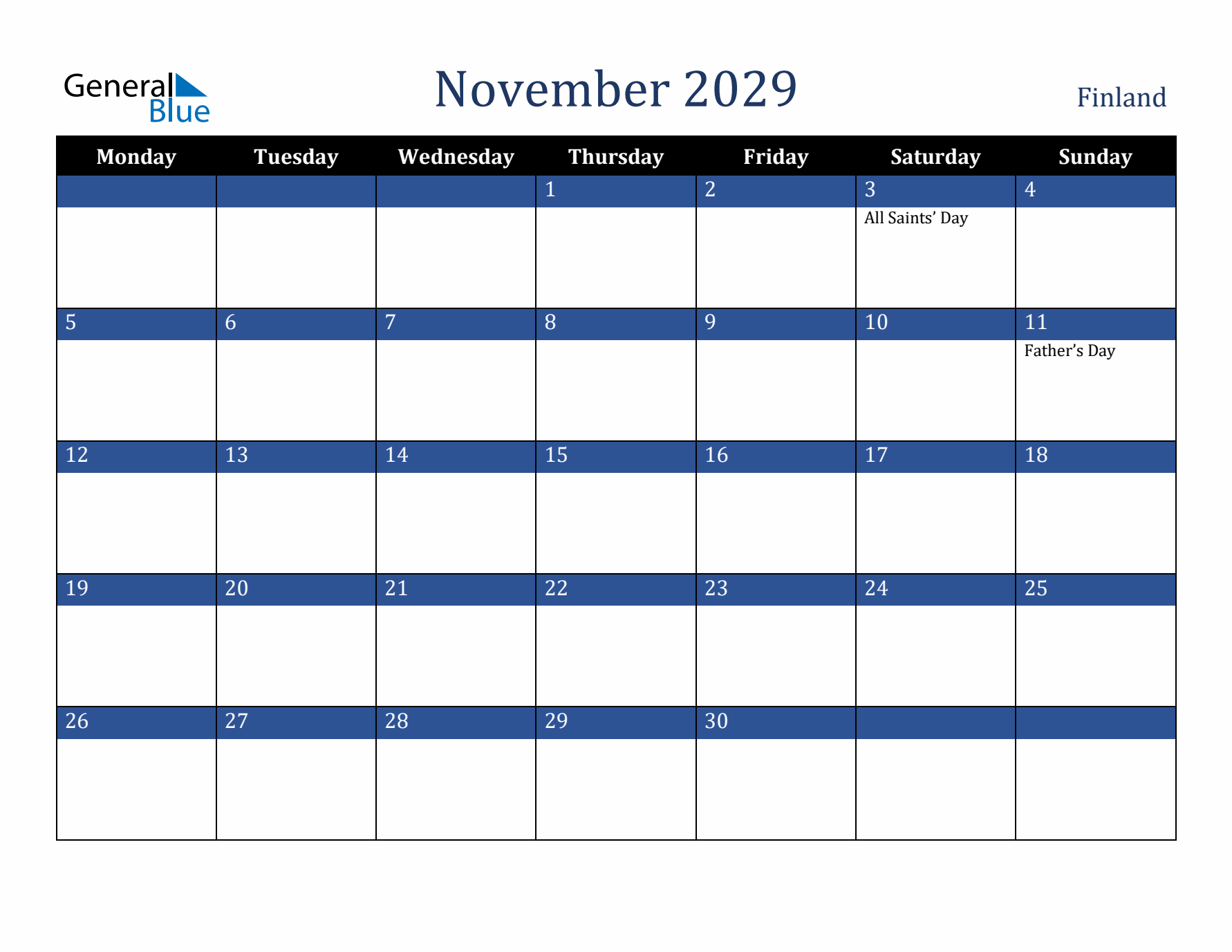 November 2029 Finland Calendar (Monday Start)