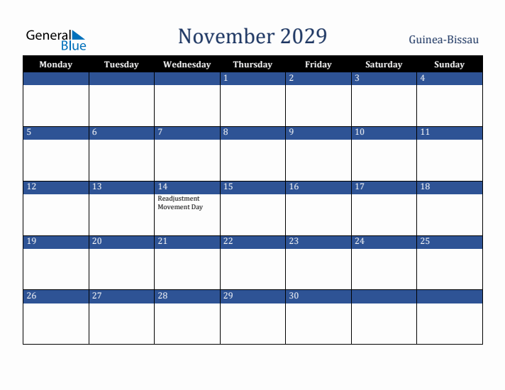November 2029 Guinea-Bissau Calendar (Monday Start)