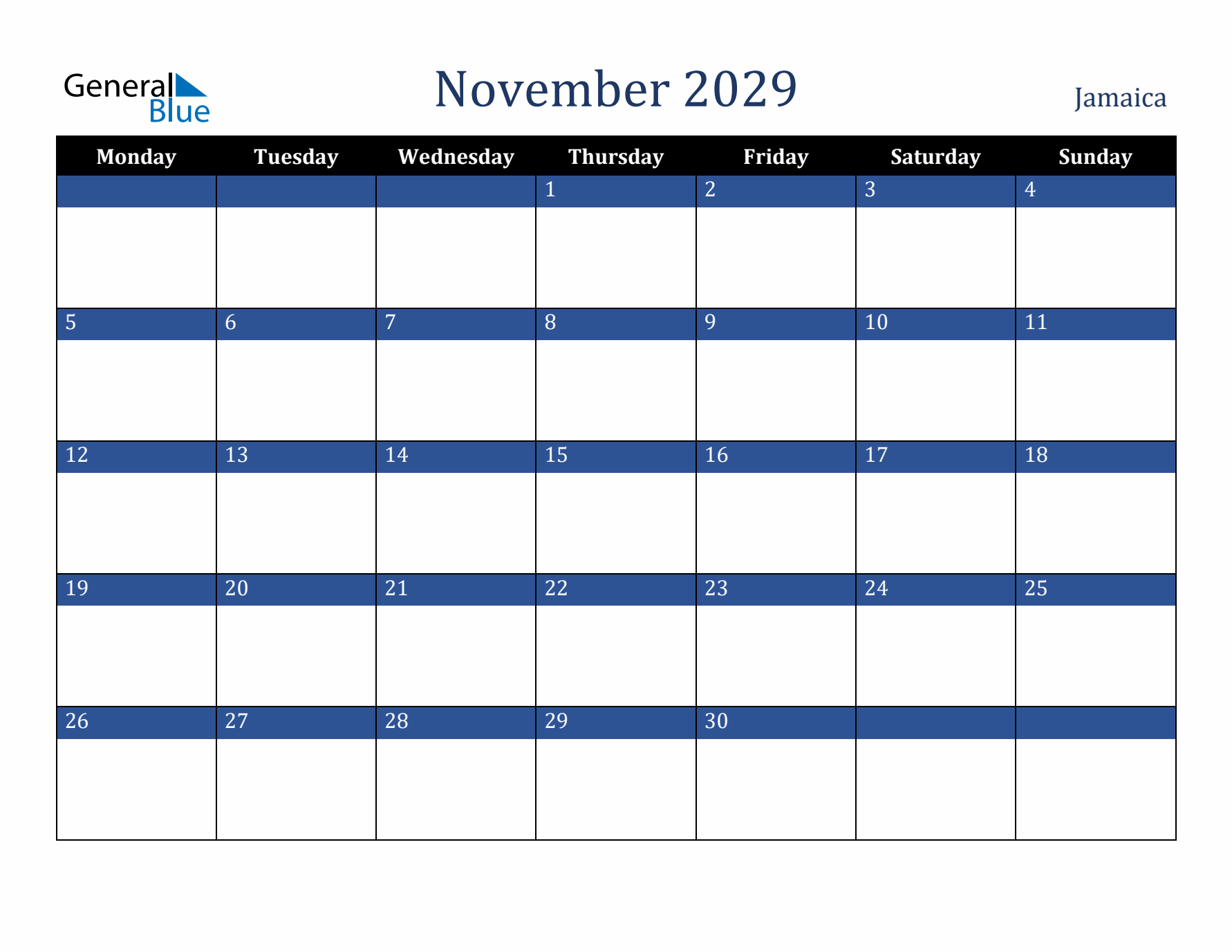November 2029 Jamaica Calendar (Monday Start)