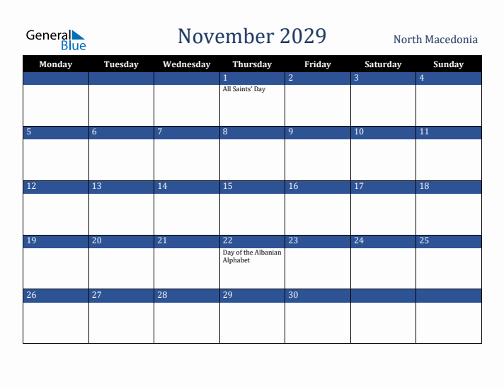 November 2029 North Macedonia Calendar (Monday Start)