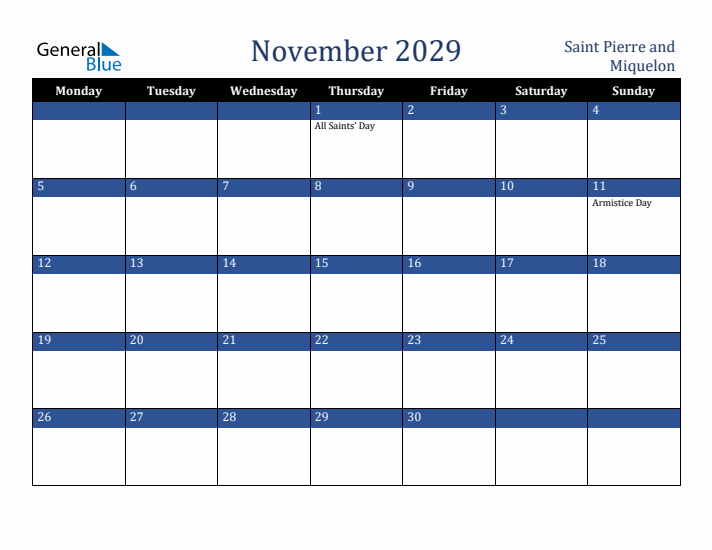 November 2029 Saint Pierre and Miquelon Calendar (Monday Start)