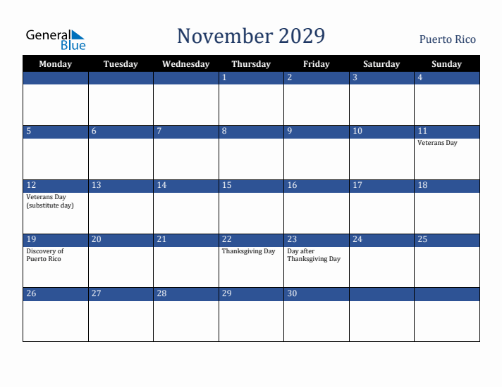 November 2029 Puerto Rico Calendar (Monday Start)