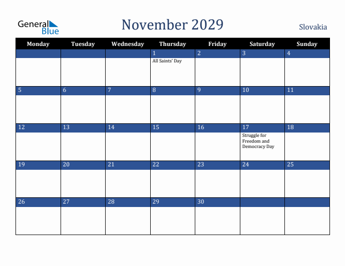 November 2029 Slovakia Calendar (Monday Start)