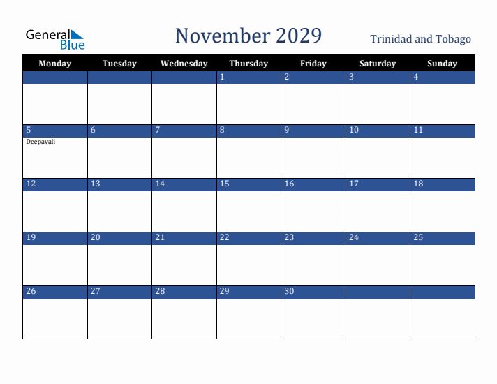 November 2029 Trinidad and Tobago Calendar (Monday Start)
