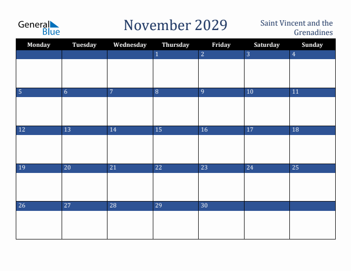 November 2029 Saint Vincent and the Grenadines Calendar (Monday Start)