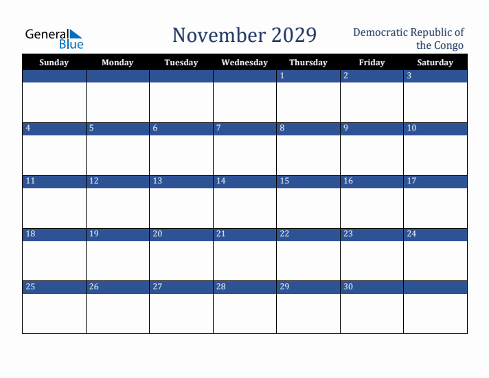 November 2029 Democratic Republic of the Congo Calendar (Sunday Start)
