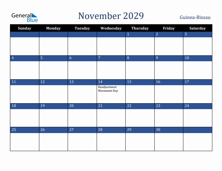 November 2029 Guinea-Bissau Calendar (Sunday Start)