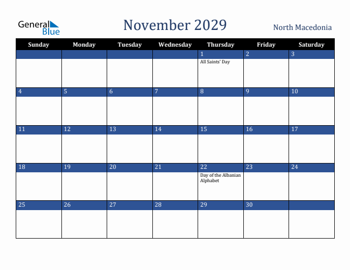 November 2029 North Macedonia Calendar (Sunday Start)