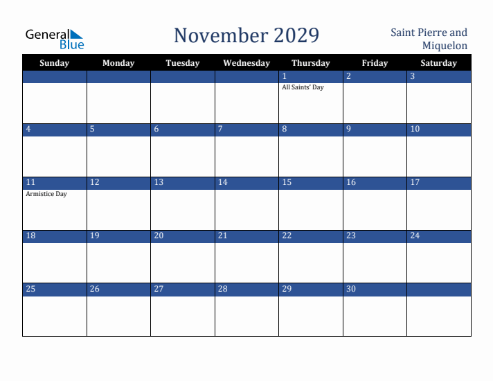 November 2029 Saint Pierre and Miquelon Calendar (Sunday Start)