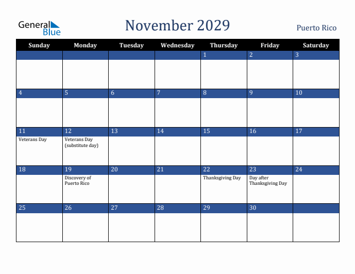 November 2029 Puerto Rico Calendar (Sunday Start)