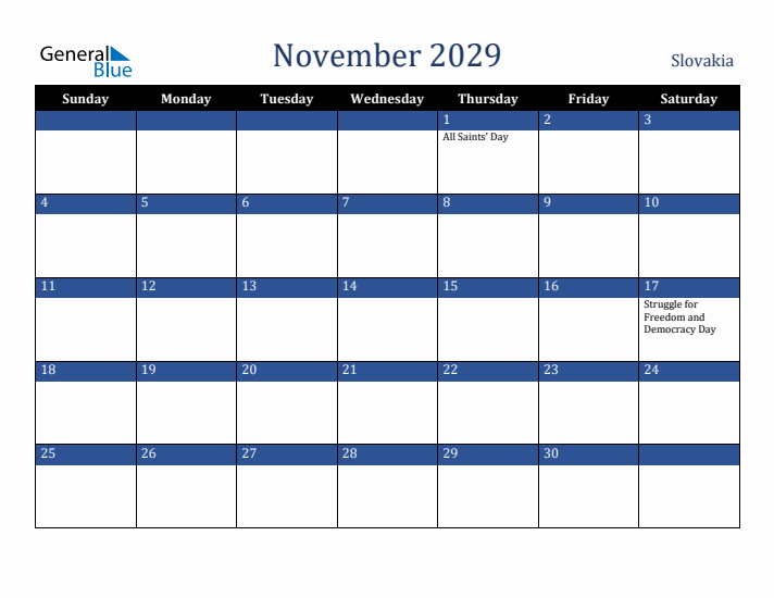 November 2029 Slovakia Calendar (Sunday Start)
