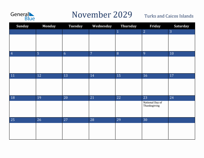 November 2029 Turks and Caicos Islands Calendar (Sunday Start)
