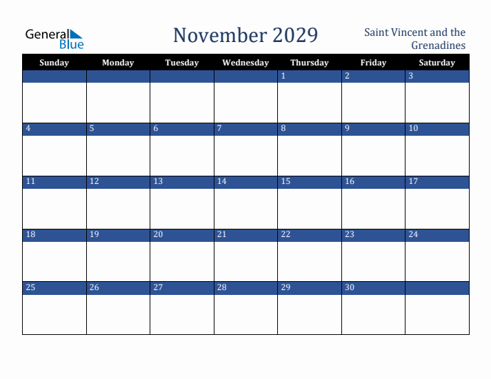 November 2029 Saint Vincent and the Grenadines Calendar (Sunday Start)