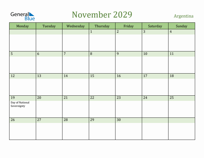 November 2029 Calendar with Argentina Holidays