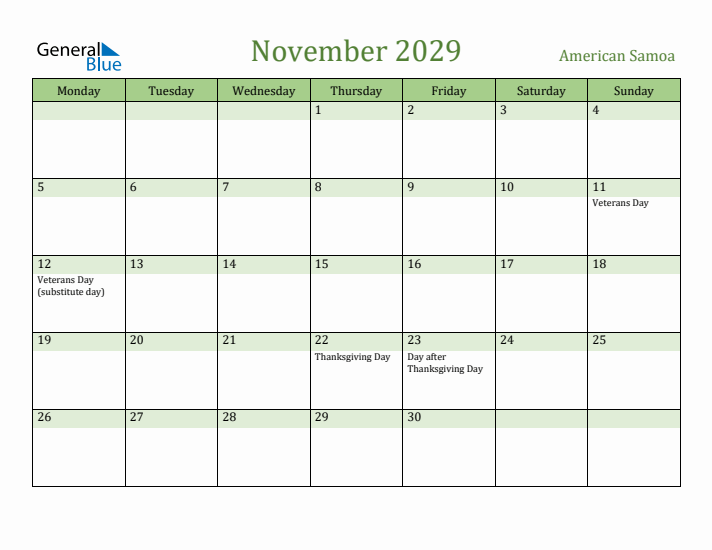 November 2029 Calendar with American Samoa Holidays