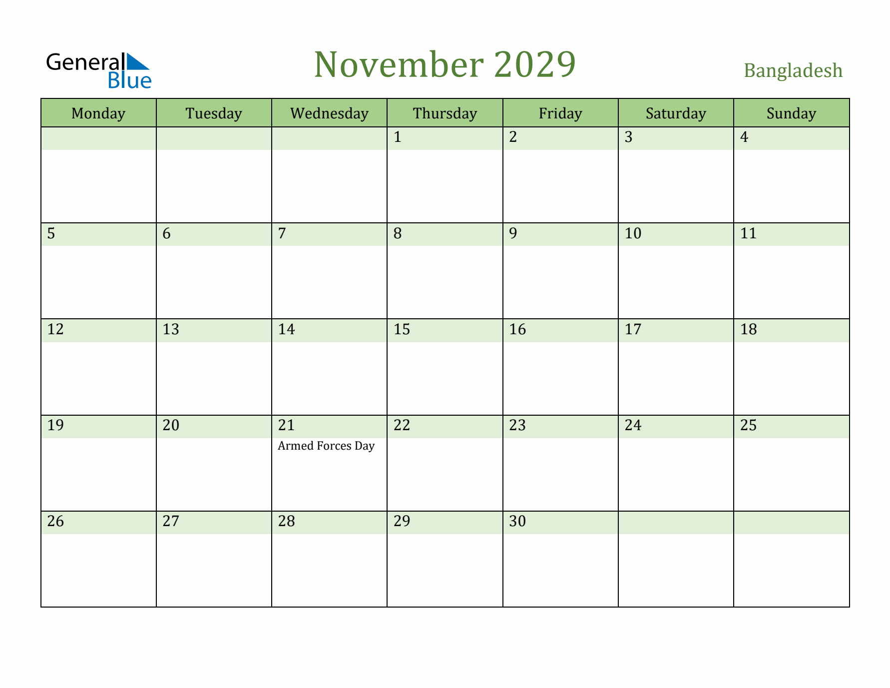 November 2029 Calendar with Bangladesh Holidays