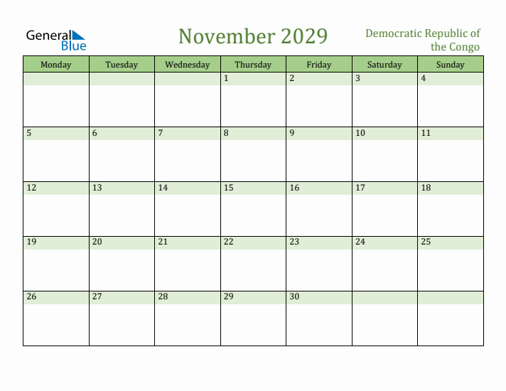 November 2029 Calendar with Democratic Republic of the Congo Holidays