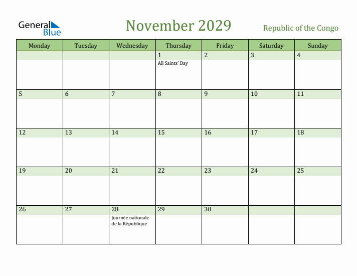 November 2029 Calendar with Republic of the Congo Holidays
