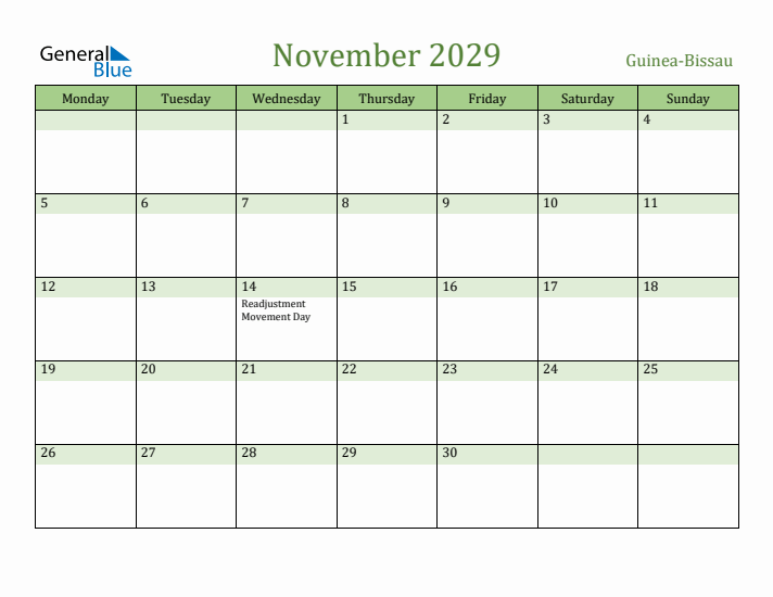 November 2029 Calendar with Guinea-Bissau Holidays