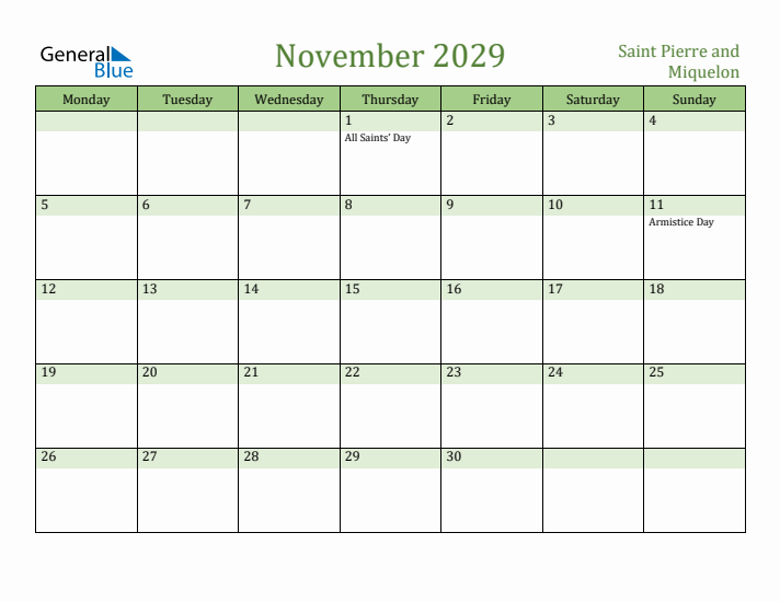 November 2029 Calendar with Saint Pierre and Miquelon Holidays