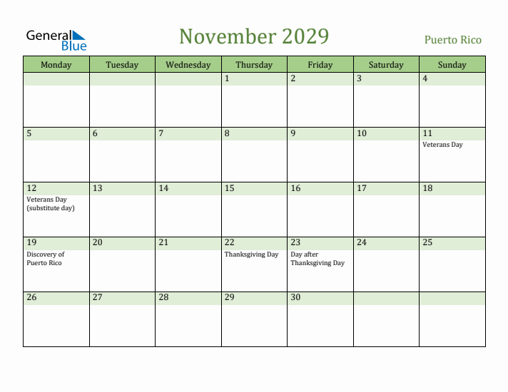 November 2029 Calendar with Puerto Rico Holidays